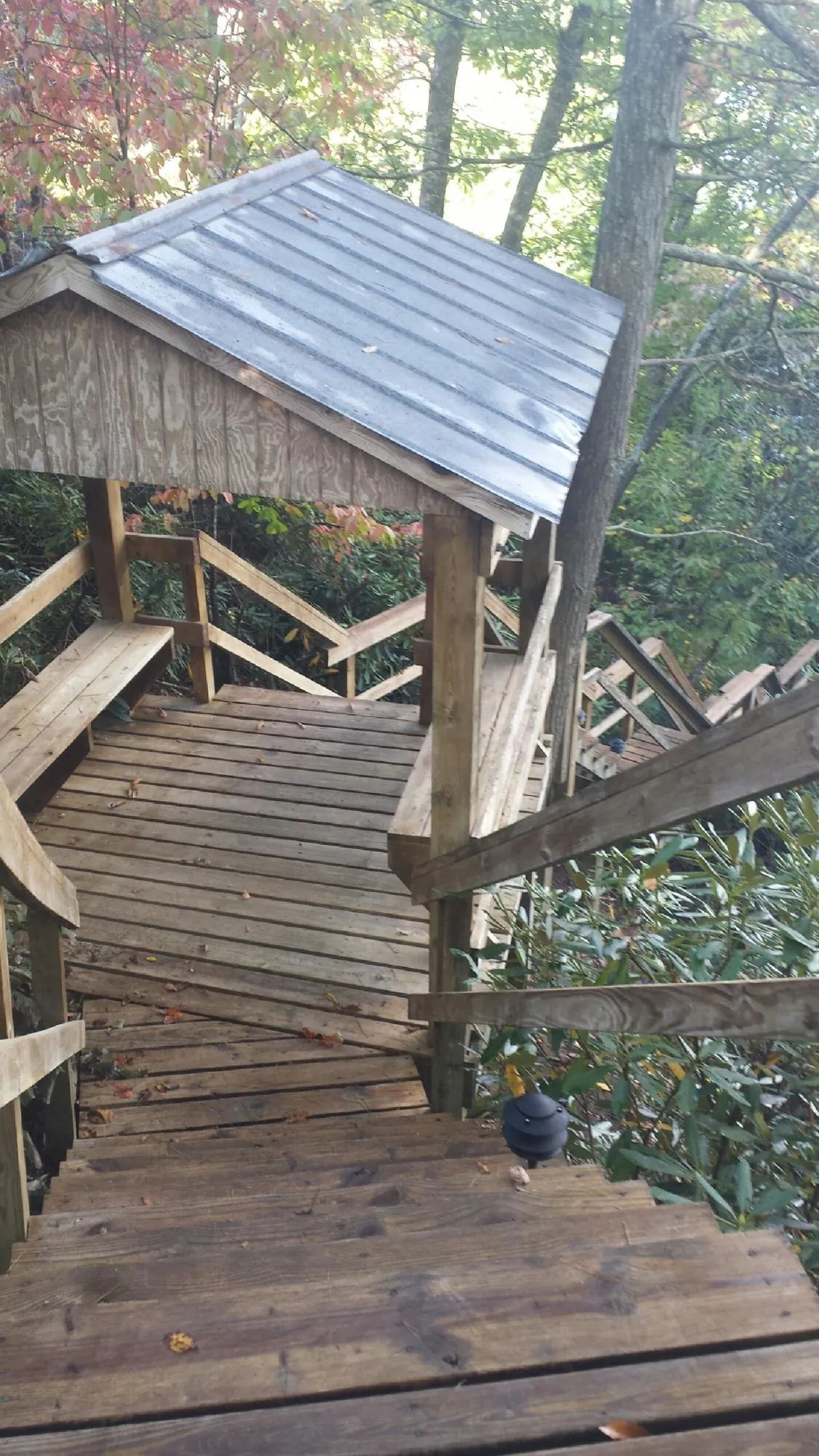 Metal roofed shelter over wooden steps on a wooded walkway — Skylight Repair & Installation work by our crew in Mannsville